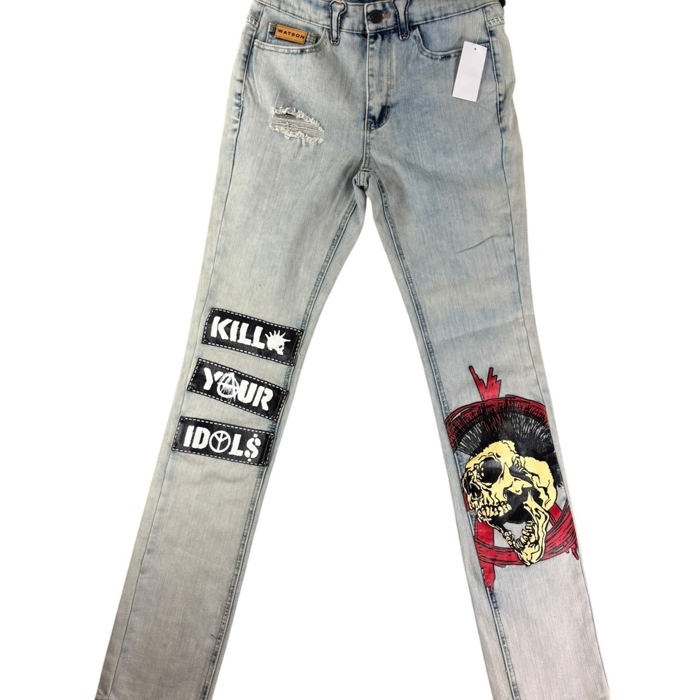 Watson Kill Your Idols Skinny Jeans Mens 28 Indigo Distressed Denim Skull Patch